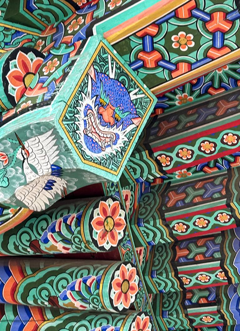 Original Architecture Photography by Kyungjin Kim | Art Deco Art on Paper | Dragon and Crane Beneath the Sacred Eaves