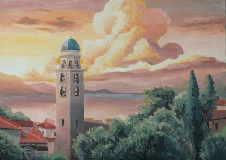Original Sunset Painting by Klemens Woehrer | Realism Art on Canvas | Evening Bells Over the Valley