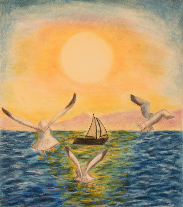 Original Boat Drawing by Dimitrios Sakellariou | Expressionism Art on Paper | Sailing Boat under the Sun with Seagulls