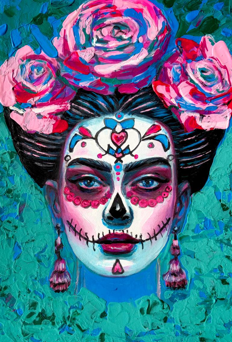 Original Women Painting by Julia Brinkfrau | Portraiture Art on Corrugated Cardboard | Vibrant Sugar Skull Portrait - Impasto Woman with Pink Roses