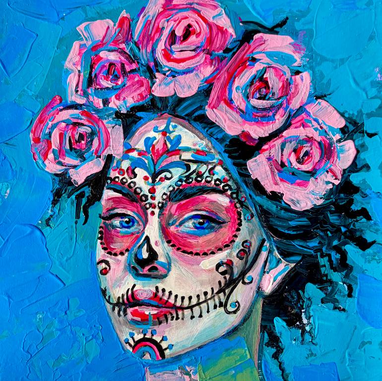 Original Women Painting by Julia Brinkfrau | Expressionism Art on Corrugated Cardboard | Sugar Skull with Pink Roses - Vibrant Day of the Dead Portrai