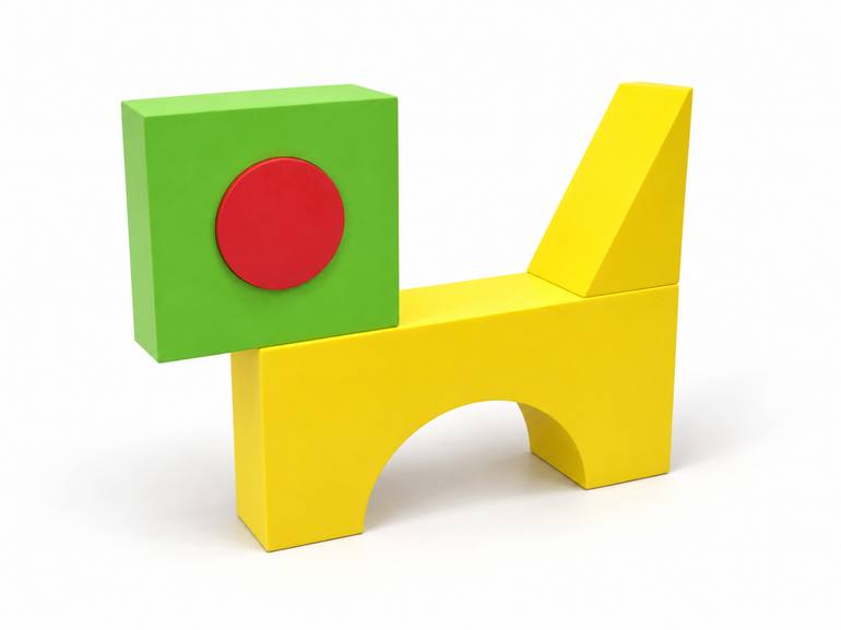 Original Dogs Sculpture by Rusudan Doijashvili | Pop Art Art on Hard Foam | Geometric Dog -- Green and Yellow with Red Circle