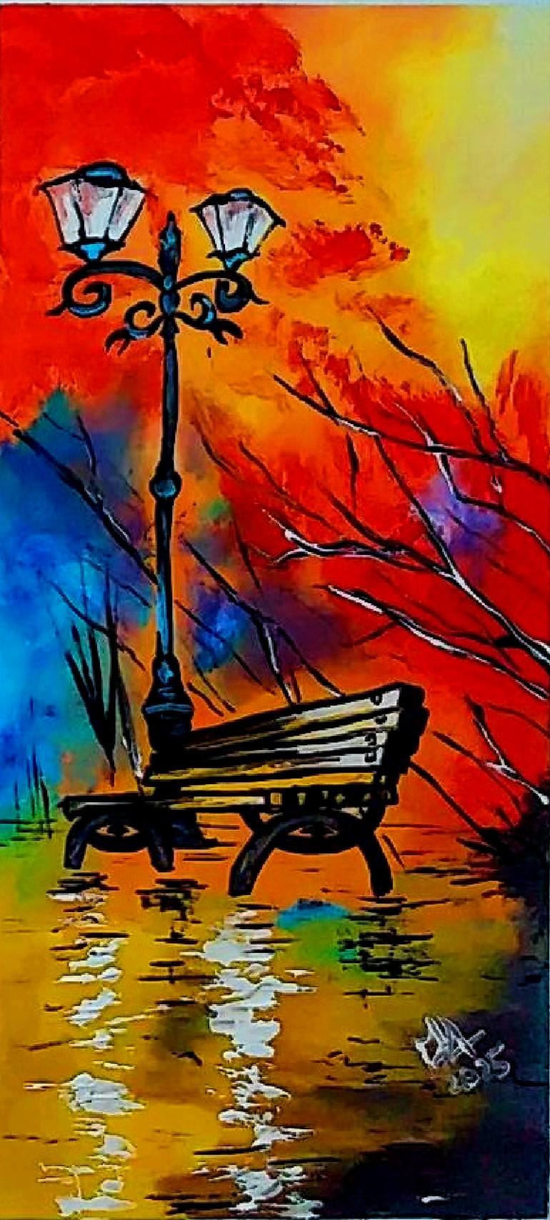 Original Garden Painting by M Arslan  Illustration Art on Paper  Bench painting
