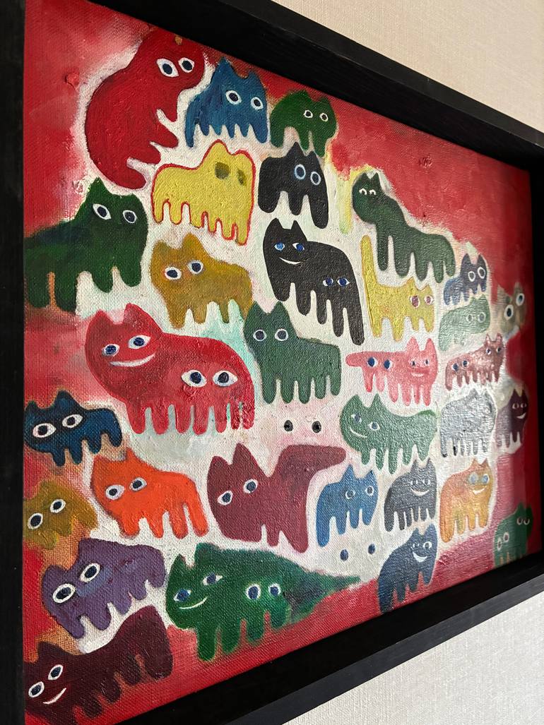 Original Abstract Cats Painting by Hemneko -