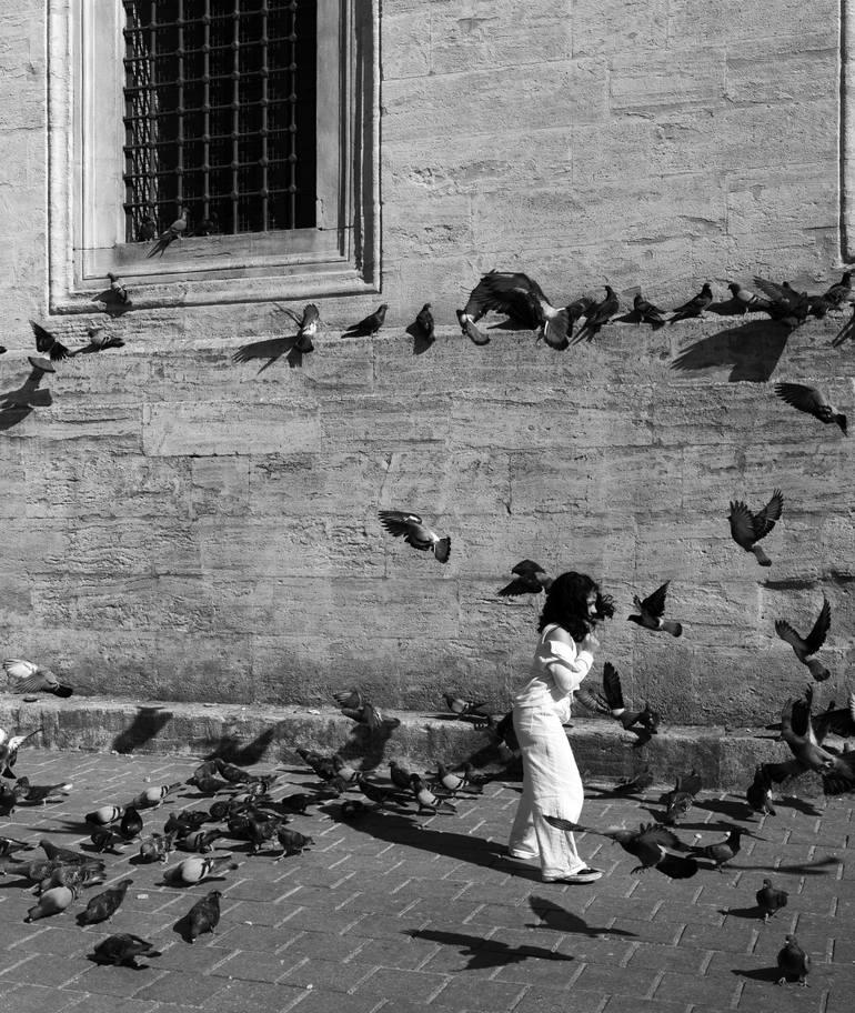 Original Children Photography by Taner Doger | Photorealism Art on Paper | The Little Girl and Piegons