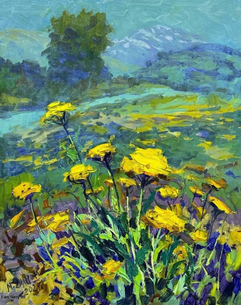 Original Landscape Painting by Dilorom Mamedova | Color Field Painting Art on Canvas | Valley of Flowers: Vibrant Impasto Landscape