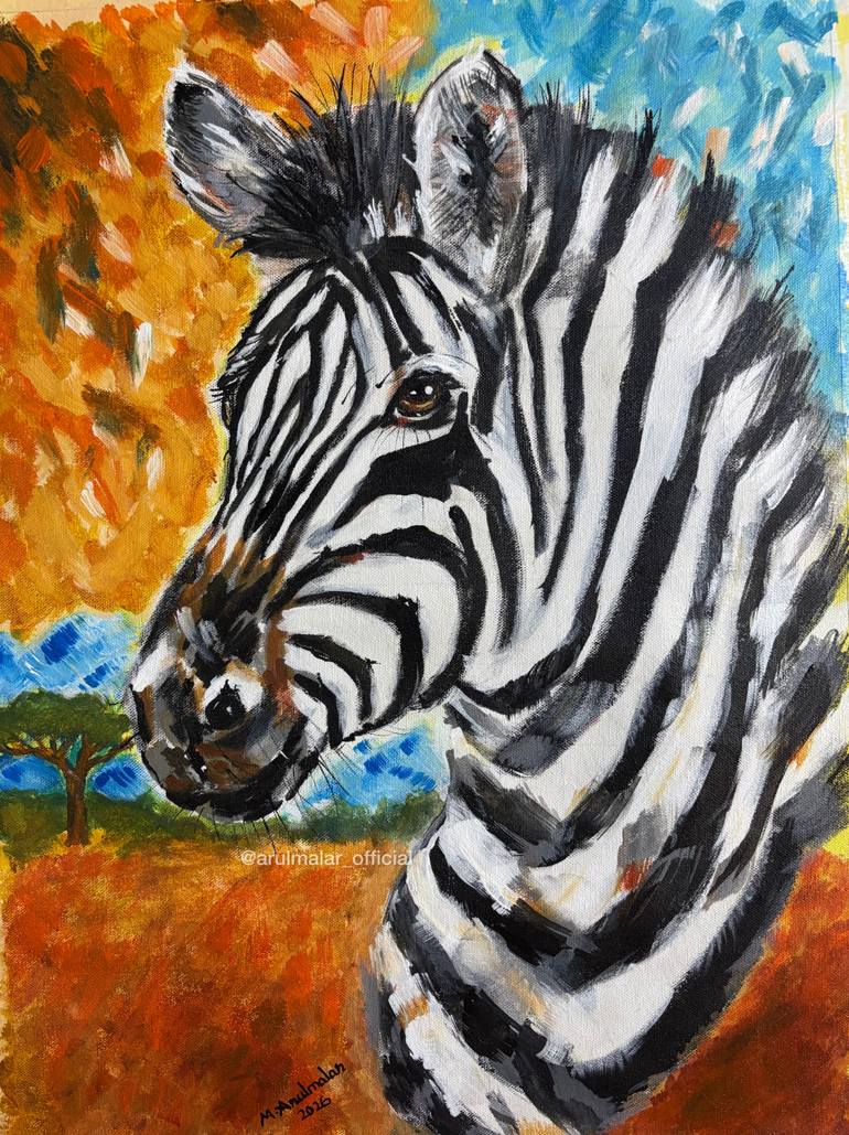Original Animal Painting by Arul Malar | Contemporary Art on Canvas | Every Stripe Tells a Story zebra strength against a vibrant land