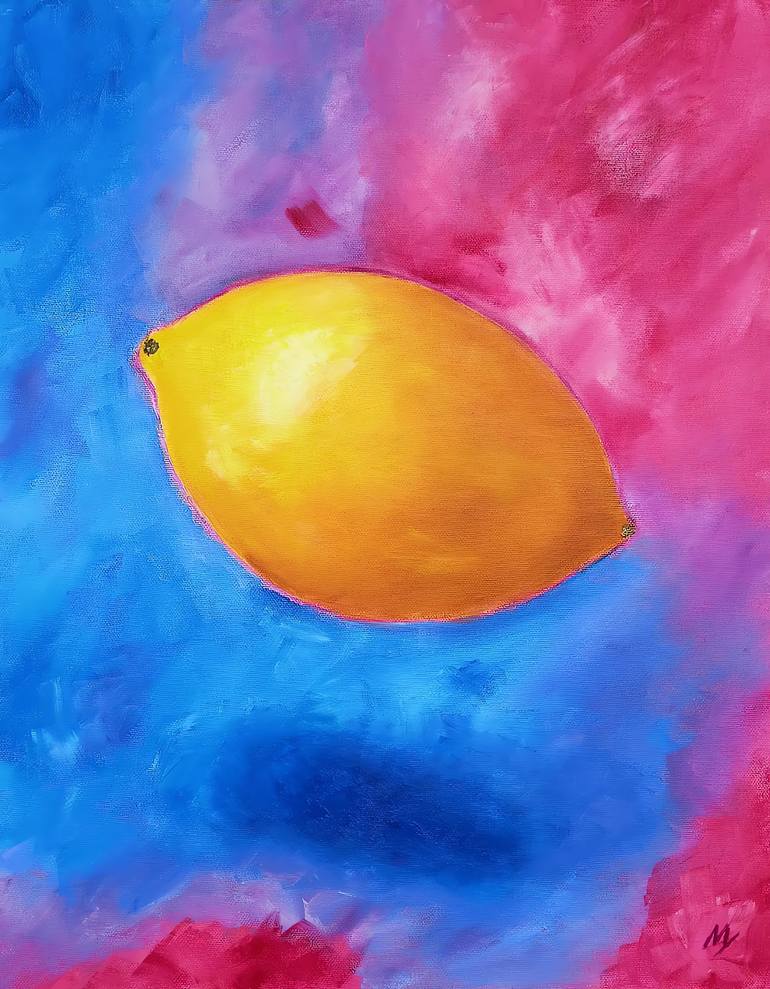 Original Still Life Painting by Nati Yilmaz | Abstract Art on Canvas | Floating Lemon in Pink and Blue Oil Painting