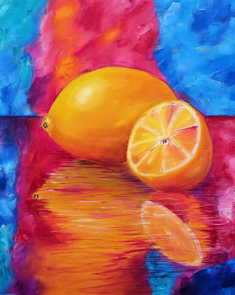 Original Still Life Painting by Nati Yilmaz | Abstract Expressionism Art on Canvas | Lemon Reflection Between Pink and Blue