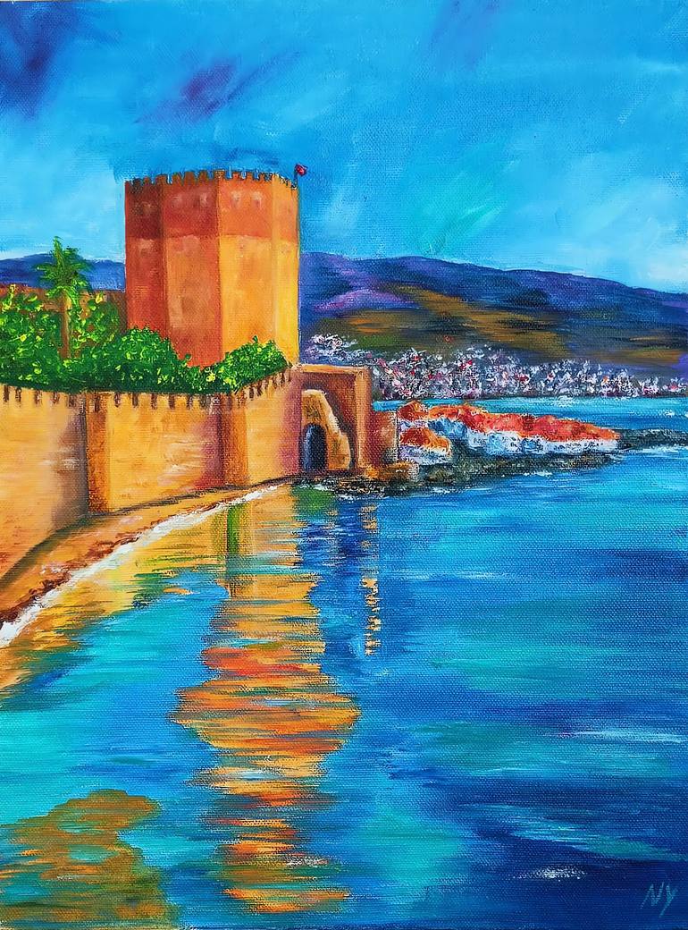 Original Landscape Painting by Nati Yilmaz | Contemporary Art on Canvas | By the Walls of the Red Tower, Alanya, Turkiye