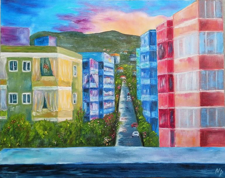 Original Landscape Painting by Nati Yilmaz | Contemporary Art on Canvas | Sunrise and the Little House with Chickens