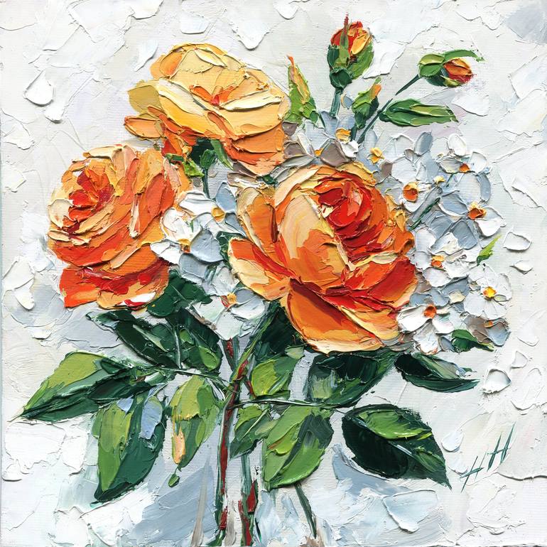 Original Floral Painting by Hanna Hryharenka | Impressionism Art on Canvas | Golden Roses with White Blossoms