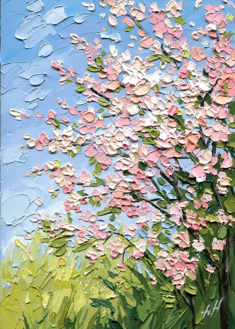 Original Floral Painting by Hanna Hryharenka | Contemporary Art on Hardboard | Pink Blossoms in Spring Light
