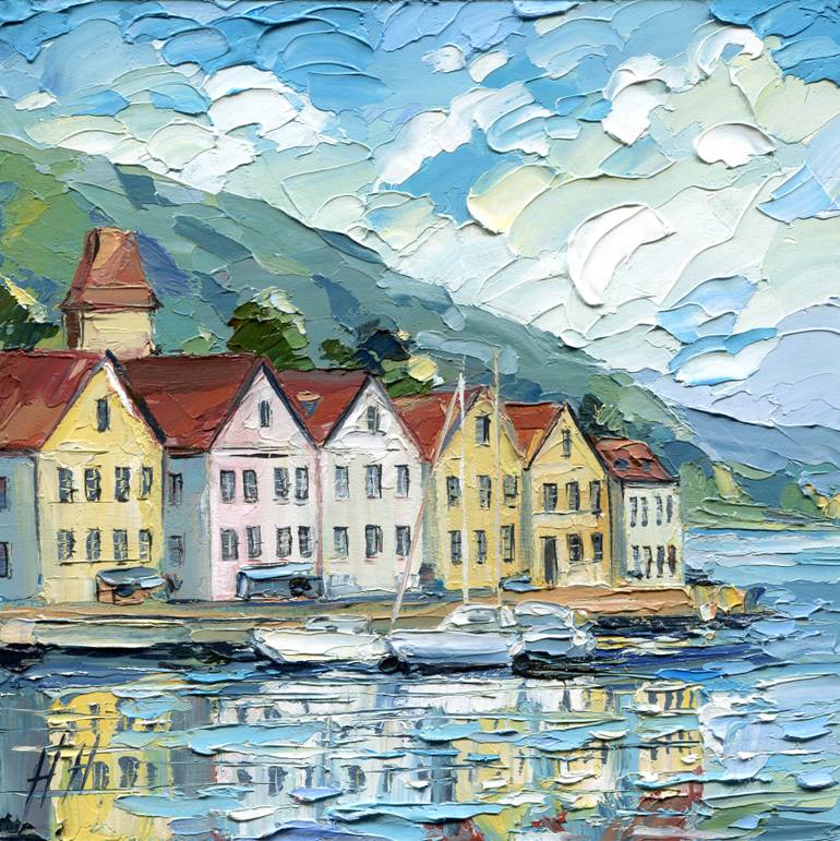Original Landscape Painting by Hanna Hryharenka | Impressionism Art on Hardboard | Harbor Village by the Mountain Lake