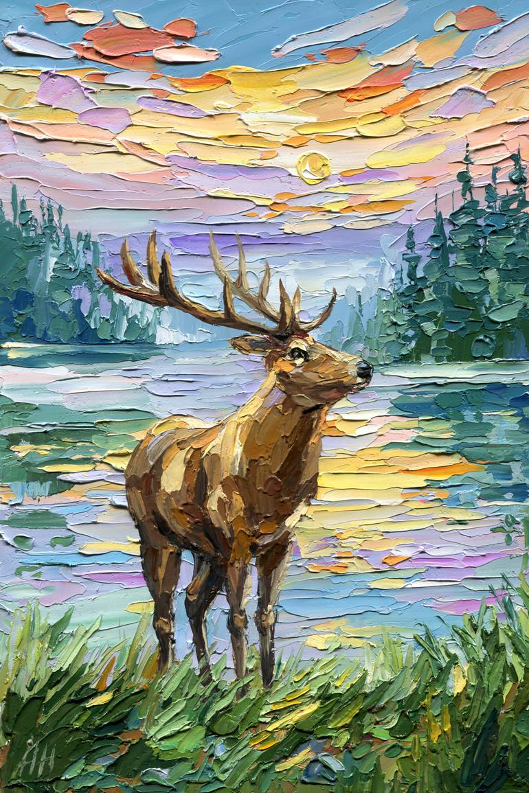 Original Animal Painting by Hanna Hryharenka | Impressionism Art on Hardboard | Deer by the Lake at Sunset