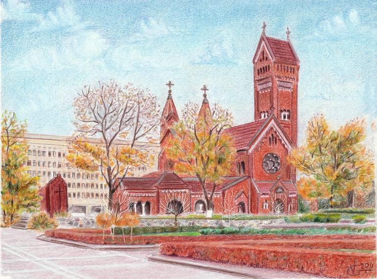Original Architecture Drawing by Valentina Gatewood | Contemporary Art on Paper | Church of Saints Simon and Helena. ( Red Church)
