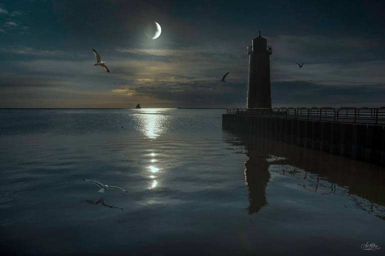 Original Sunrise Photography by Art Millers | Classicism Art on Paper | The Moon over Lake Michigan. Photo. Lighthouse.