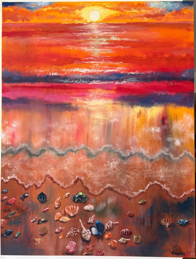Original Nature Painting by Debomitra Roy | Abstract Expressionism Art on Canvas | Sunset on the beach