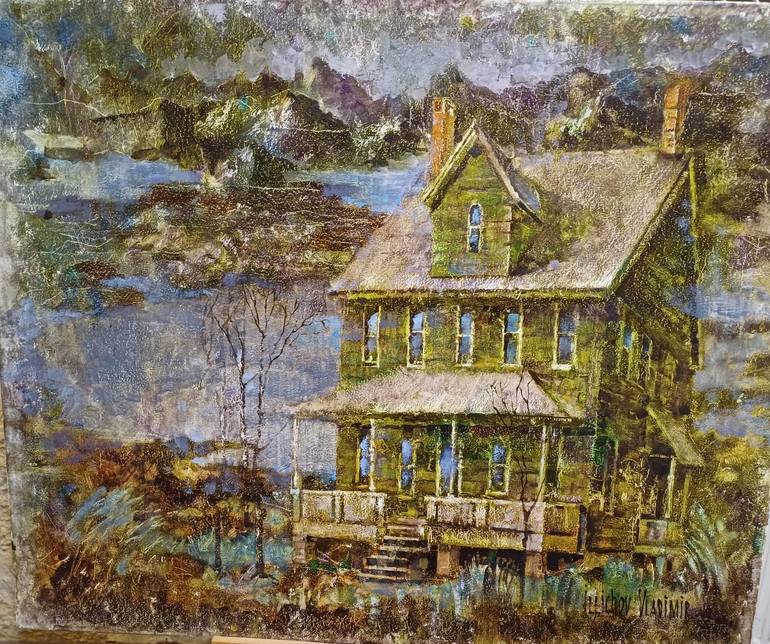 Original Abstract Painting by Aurum Art Gallery | Abstract Art on Canvas | A House by the Mountain Lake