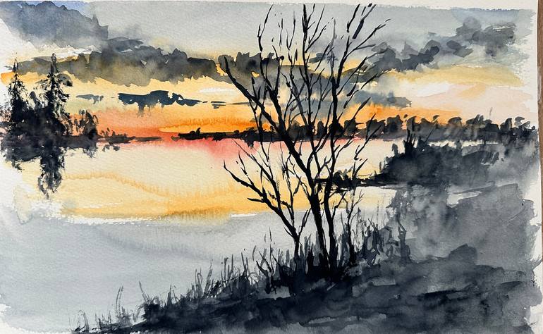 Original Landscape Painting by Mike Stamper | Abstract Expressionism Art on Paper | Sunset on the Lake