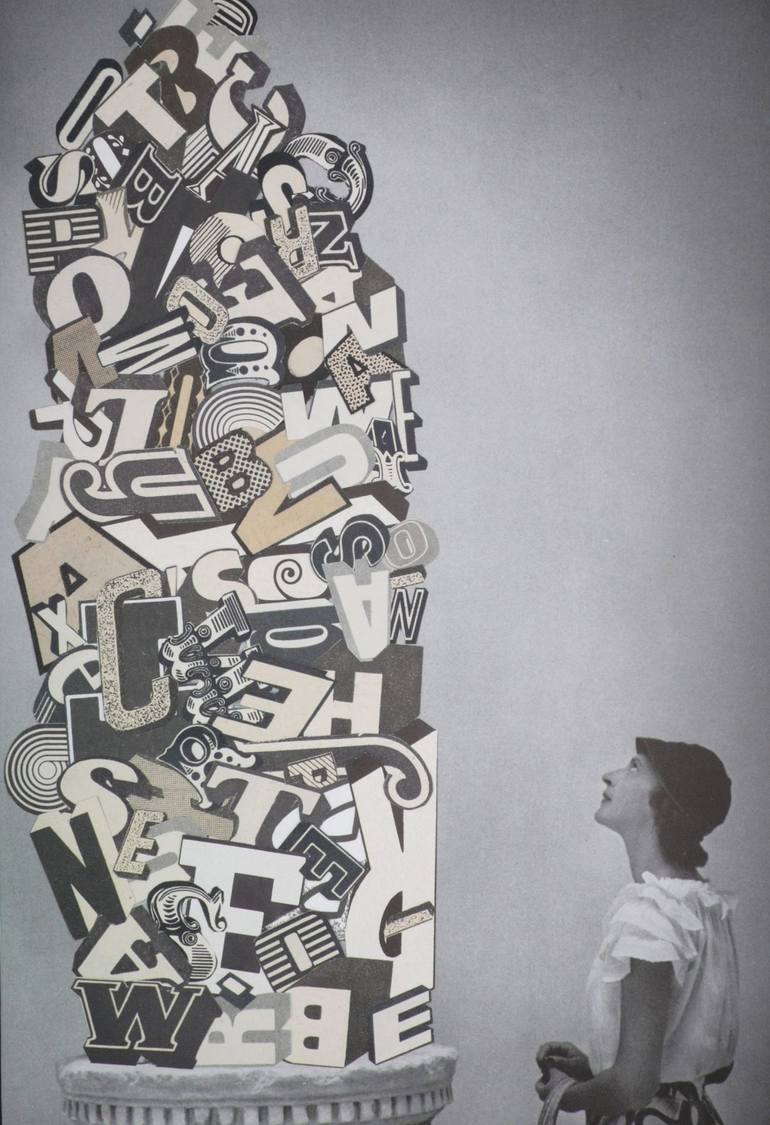 Original Typography Collage by Gina Ulgen | Vintage Art on Glue | The Tower of Babble