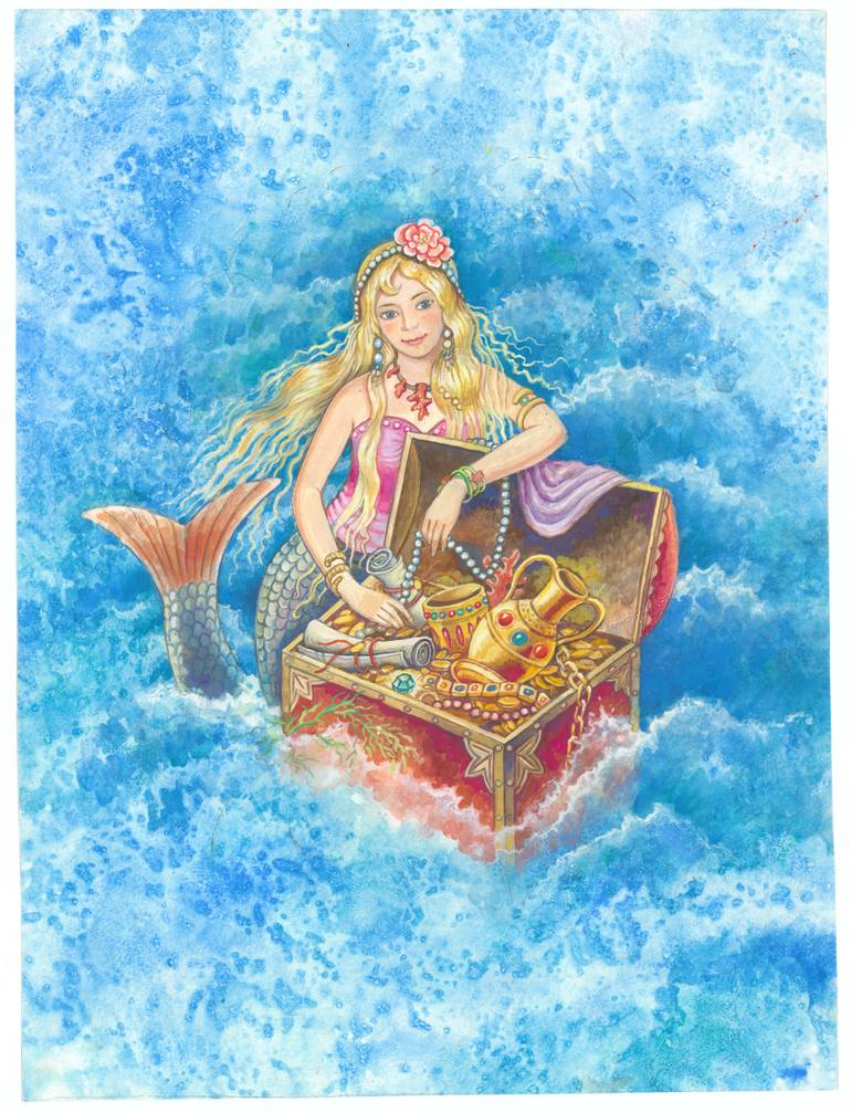 Original Fantasy Painting by Liubov Stepunina | Illustration Art on Paper | The Little Mermaid's Secret Treasure
