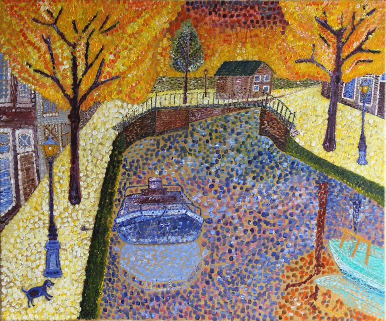 Original Landscape Painting by Patricia Hervas | Contemporary Art on Canvas | Sunset at the canal