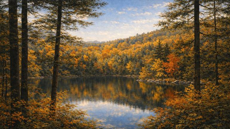Original Landscape Digital by Perwaiz Ahmad | Contemporary Art on Canvas | Autumn Reflections of the Quiet Lake