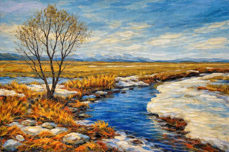 Original Landscape Digital by Perwaiz Ahmad | Contemporary Art on Canvas | Where the Quiet Water Turns to Gold