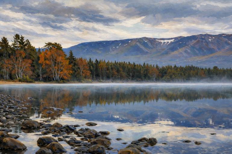 Original Landscape Digital by Perwaiz Ahmad | Contemporary Art on Canvas | Autumn Silence by the Lake