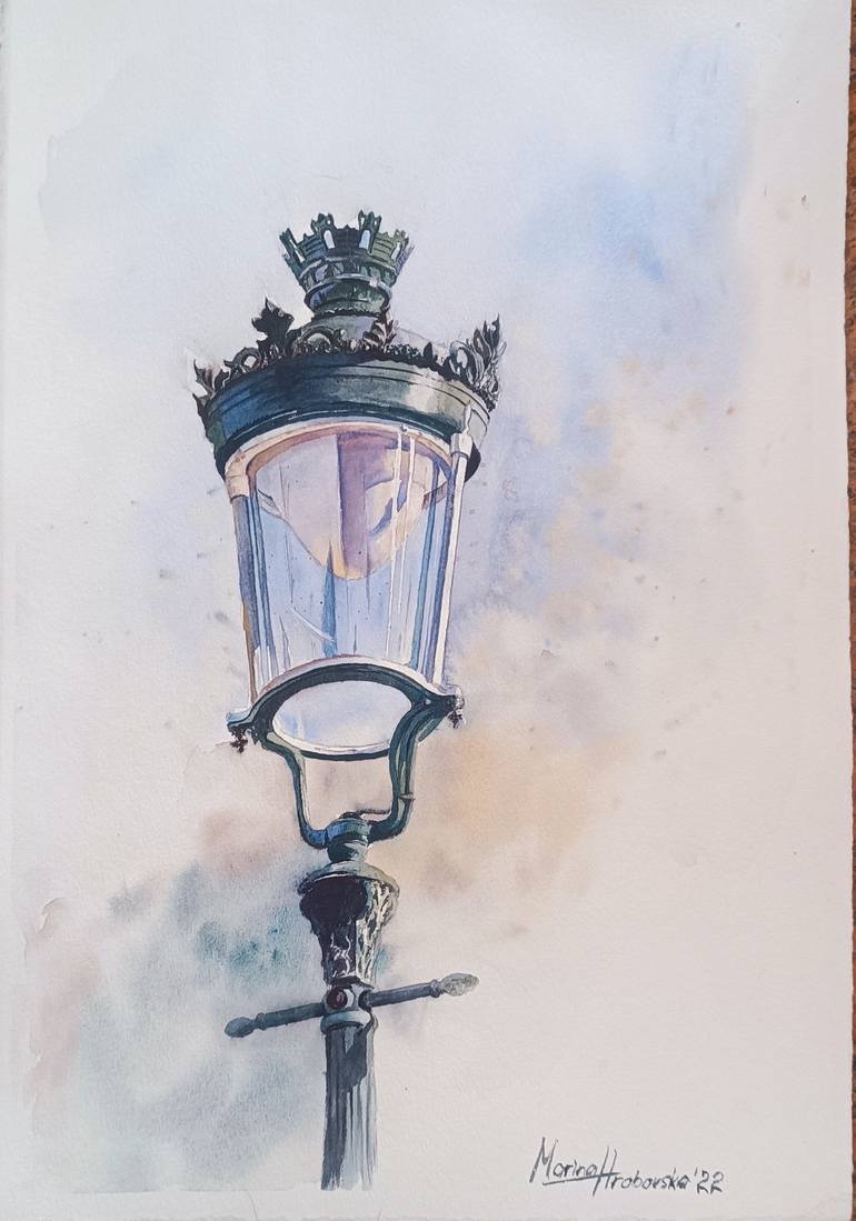 Original Architecture Painting by Marina Hrabovska | Realism Art on Paper | The Guardian of Bruges: Vintage Lantern