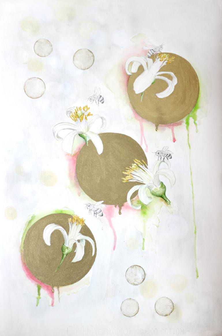 Original Floral Painting by Judit Fortelny | Classicism Art on Paper | White Lemon Blossoms and Bees
