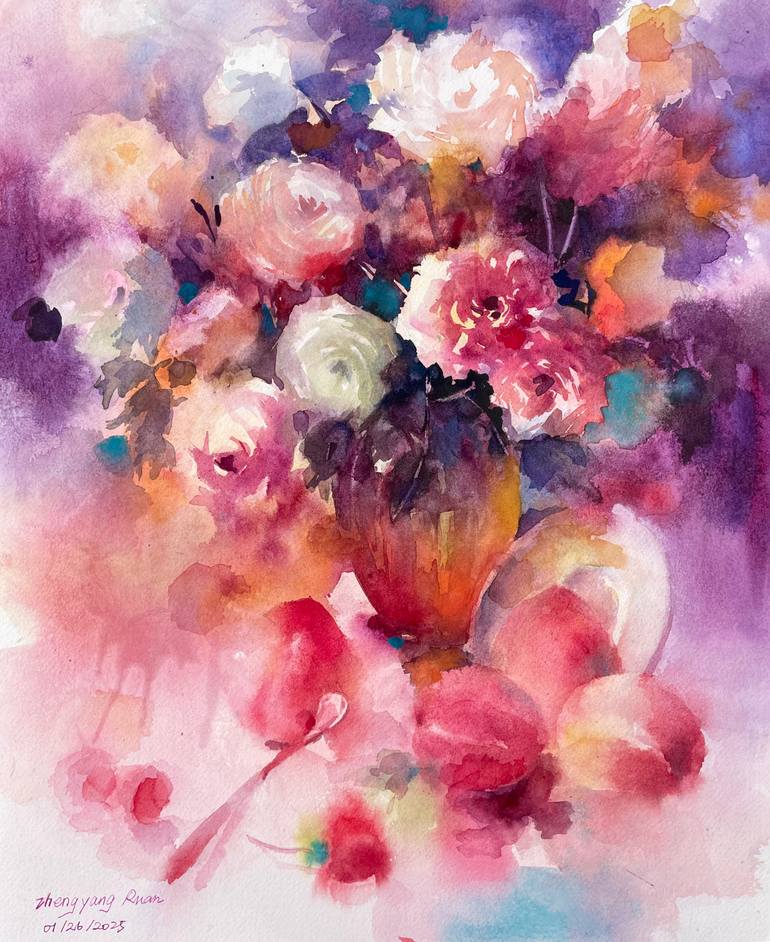 Original Still Life Painting by Emma Ruan | Abstract Expressionism Art on Paper | A Whisper of Roses