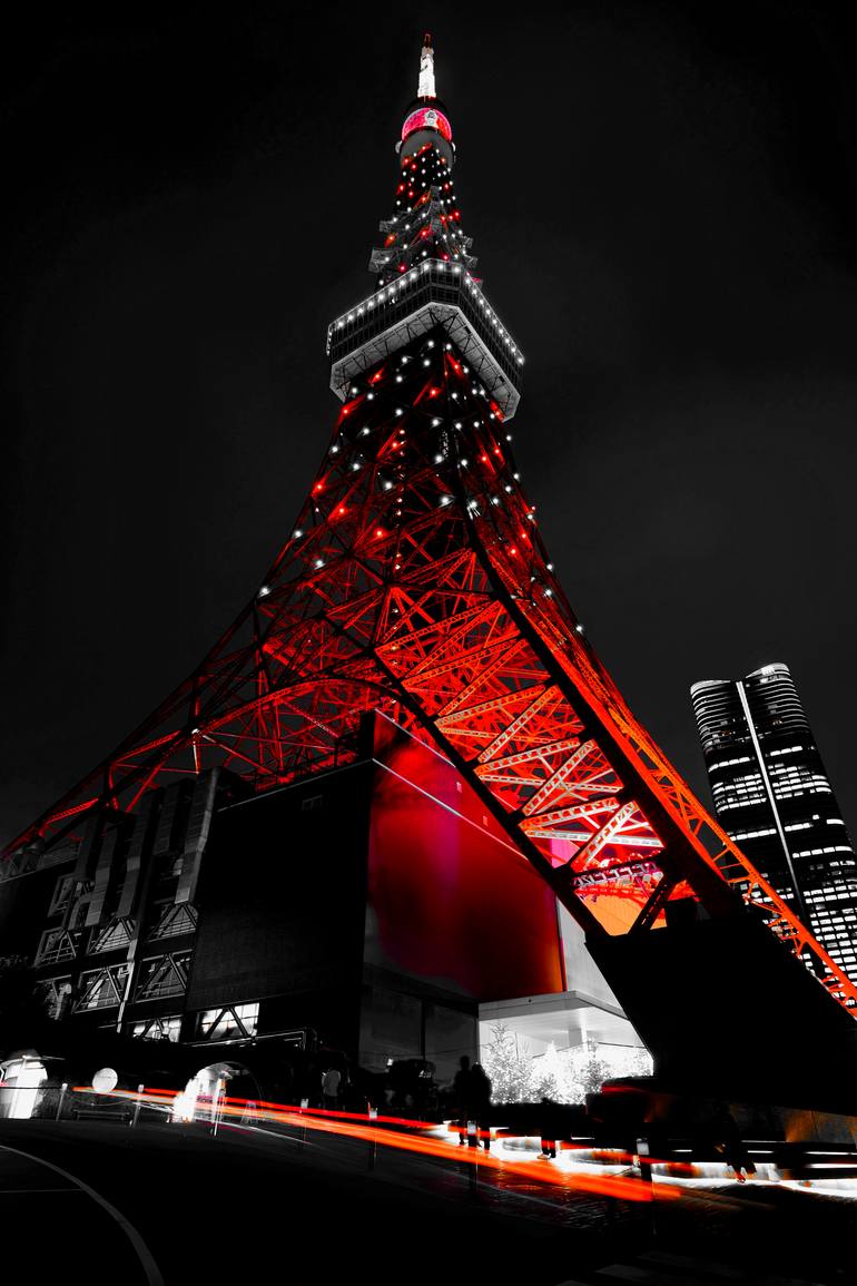 Original Cities Photography by Touzai Katsushika | Minimalism Art on Acrylic | Red Infinity Diamond Veil - Eternal Tokyo Tower Unique (1/1)