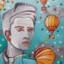 "Man in a grey tie", acrylic on canvas
60x50cm / 23.6x19.6inches
This is an original acrylic on canvas painting of a man in a grey tie observing the sky filled with hot air balloons.