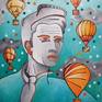 "Man in a grey tie", acrylic on canvas
60x50cm / 23.6x19.6inches
This is an original acrylic on canvas painting of a man in a grey tie observing the sky filled with hot air balloons.