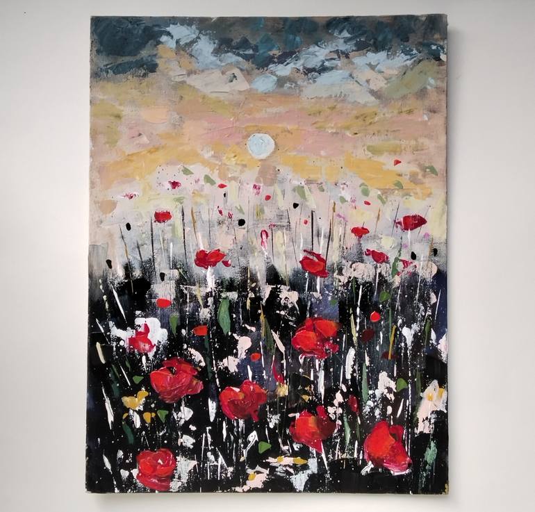 Original Landscape Painting by Valentina Umryukhina Alexandri | Impressionism Art on Corrugated Cardboard | SUNSET IN THE COVTRYSIDE