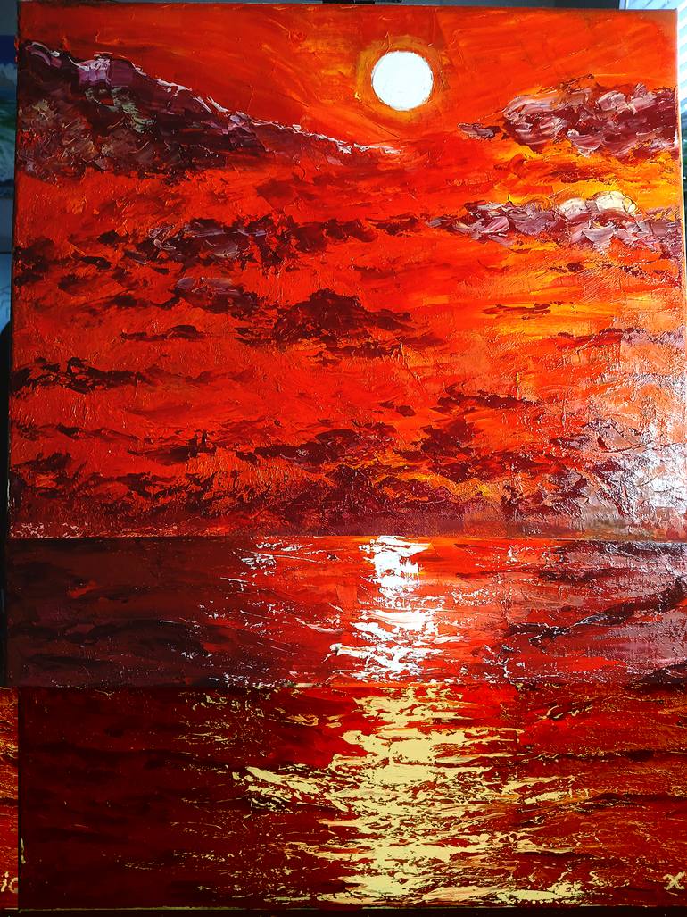 Original Beach Painting by Xia Art | Abstract Art on Canvas | Oil painting of the red sea under the moonlight