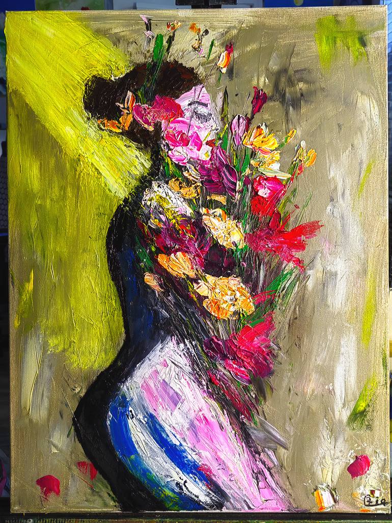 Original Women Painting by Xia Art | Abstract Art on Canvas | Abstract oil painting of a woman holding a bouquet of flowers