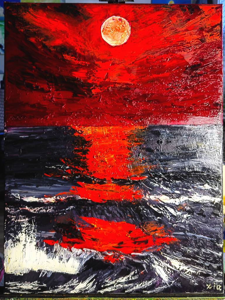 Original Ocean Painting by Xia Art | Abstract Art on Canvas | The beauty of sunset in oil painting