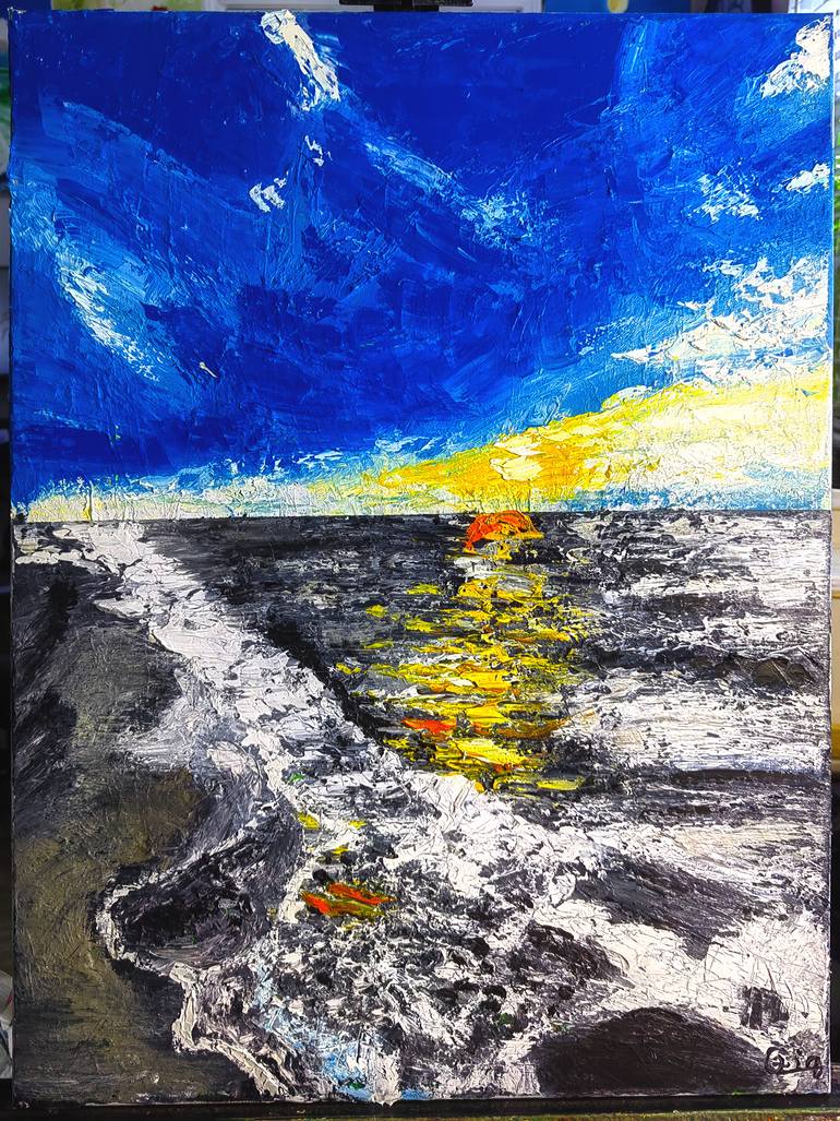 Original Beach Painting by Xia Art | Abstract Art on Canvas | Sunset under the beautiful sky of oil painting