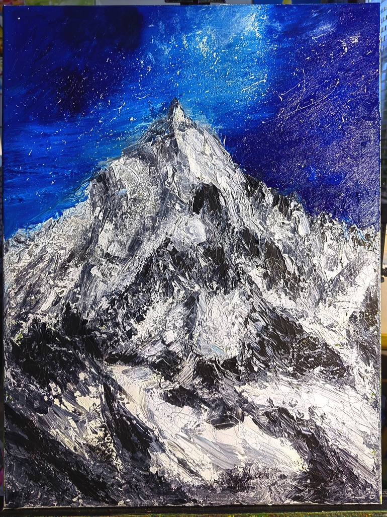 Original Mountain Painting by Xia Art | Abstract Art on Canvas | Oil painting of a mountain under the night sky