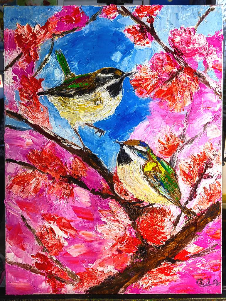 Original Animal Painting by Xia Art | Abstract Art on Canvas | The oil painting of the little bird has a smile on its faces.