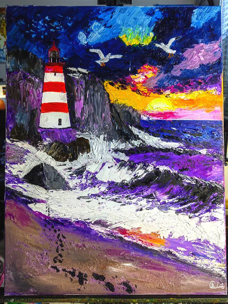 Original Landscape Painting by Xia Art | Abstract Art on Canvas | Oil painting of beautiful lighthouse sea view under the night sky