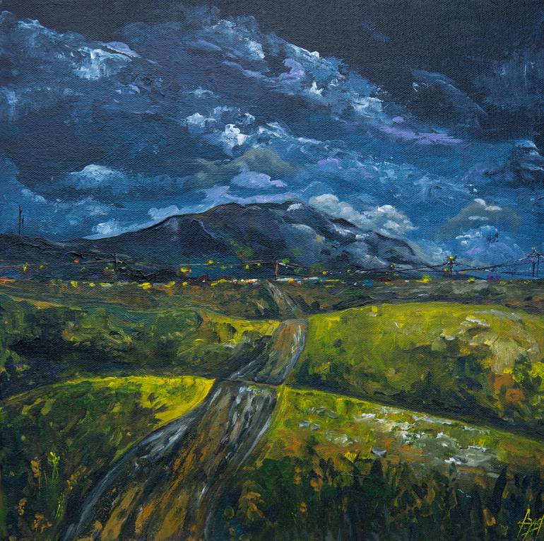 Original Landscape Painting by Alina Yarova | Impressionism Art on Canvas | Night Journey Toward the City