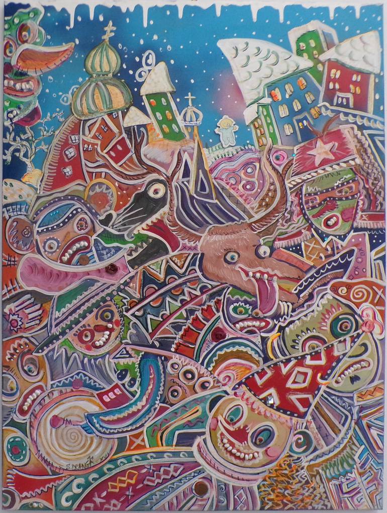 Original Abstract Mixed Media by Silviu Marian Dranga | Abstract Art on Acrylic | The Goat Night - Colorful Abstract Masks