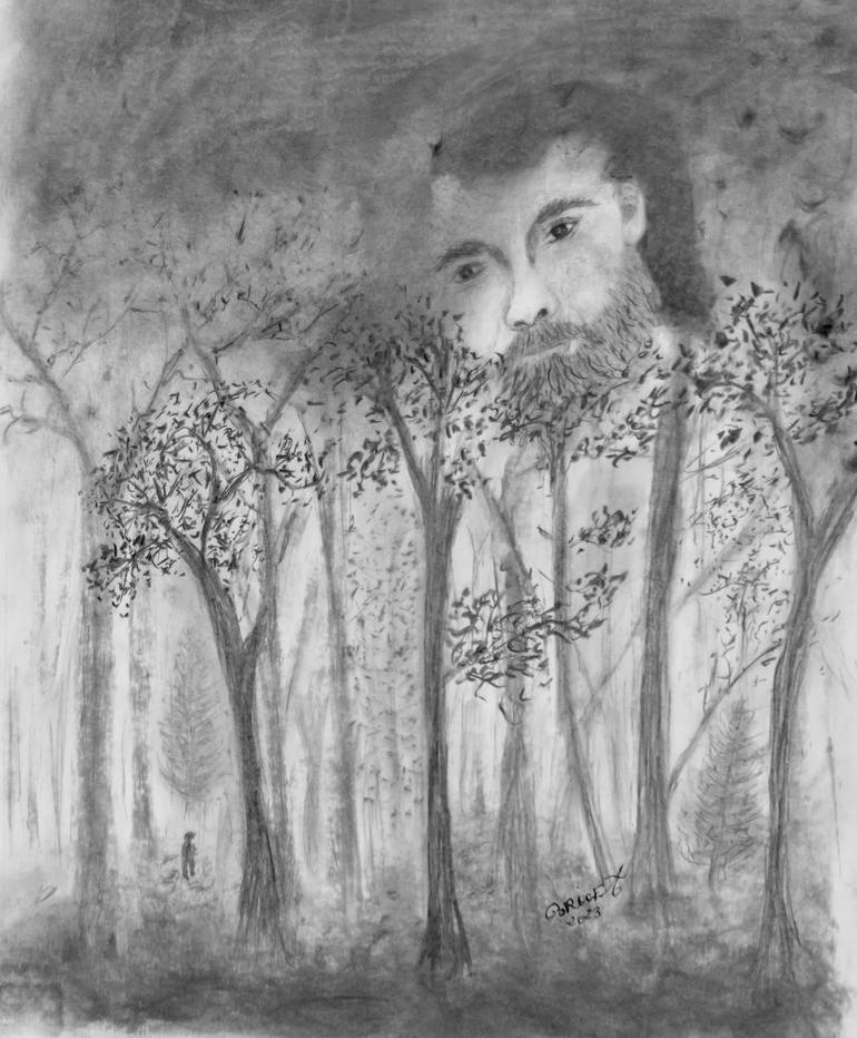 Original Nature Drawing by Brice Andre | Expressionism Art on Paper | The Guardian of the Forest