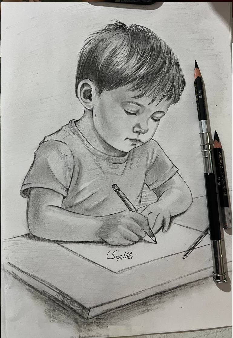 Original Children Drawing by Sajid Ali Art | Realism Art on Paper | The First Lines of Imagination