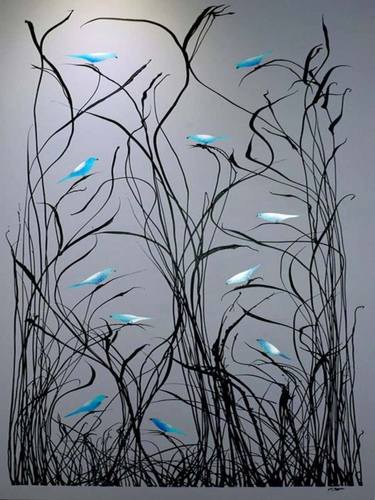 Reeds with Blue Birds on a Grey Background thumb