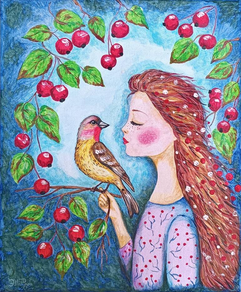 Original People Painting by Elena Sukhareva | Symbolism Art on Canvas | Wild bird red berries